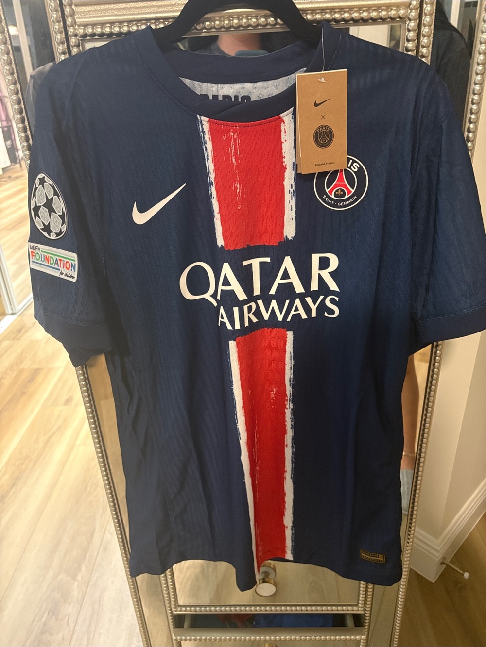 Nike Kids Navy Blue and Red PSG Soccer Jersey with Qatar Airways Logo